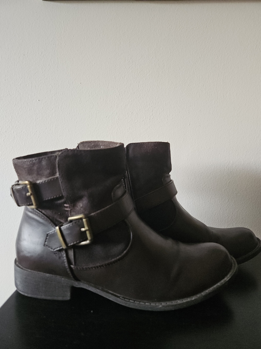 Women's Dark Brown Leather Ankle Boots with Buckle Detail